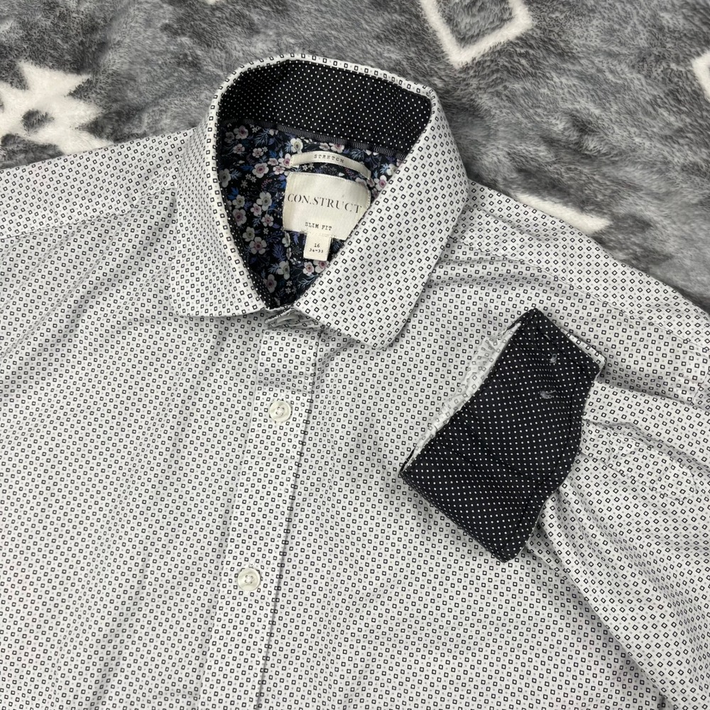 Con.Struct Slim Fit Geometric Dress Shirt White Blue 16 34/35